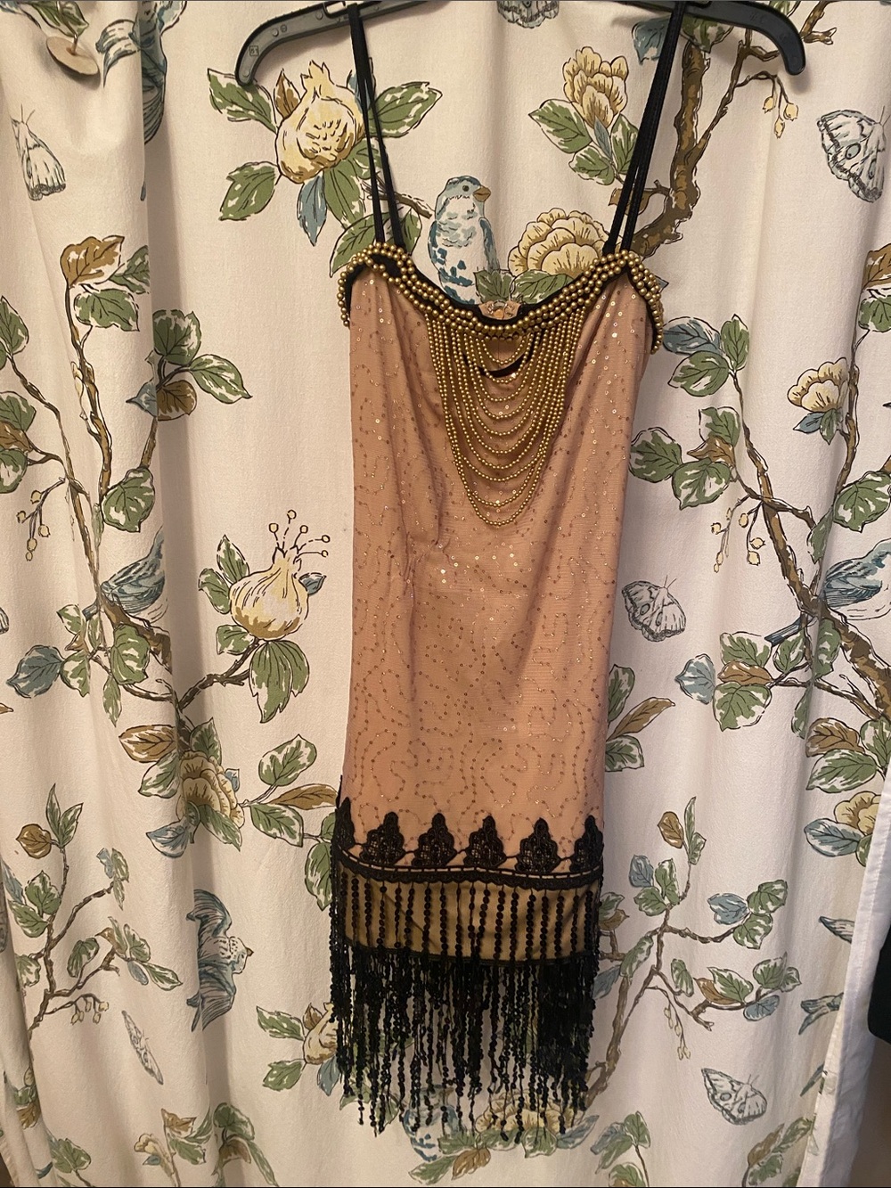 Beaded Fringe Evening Dress in Nude with Black Accents